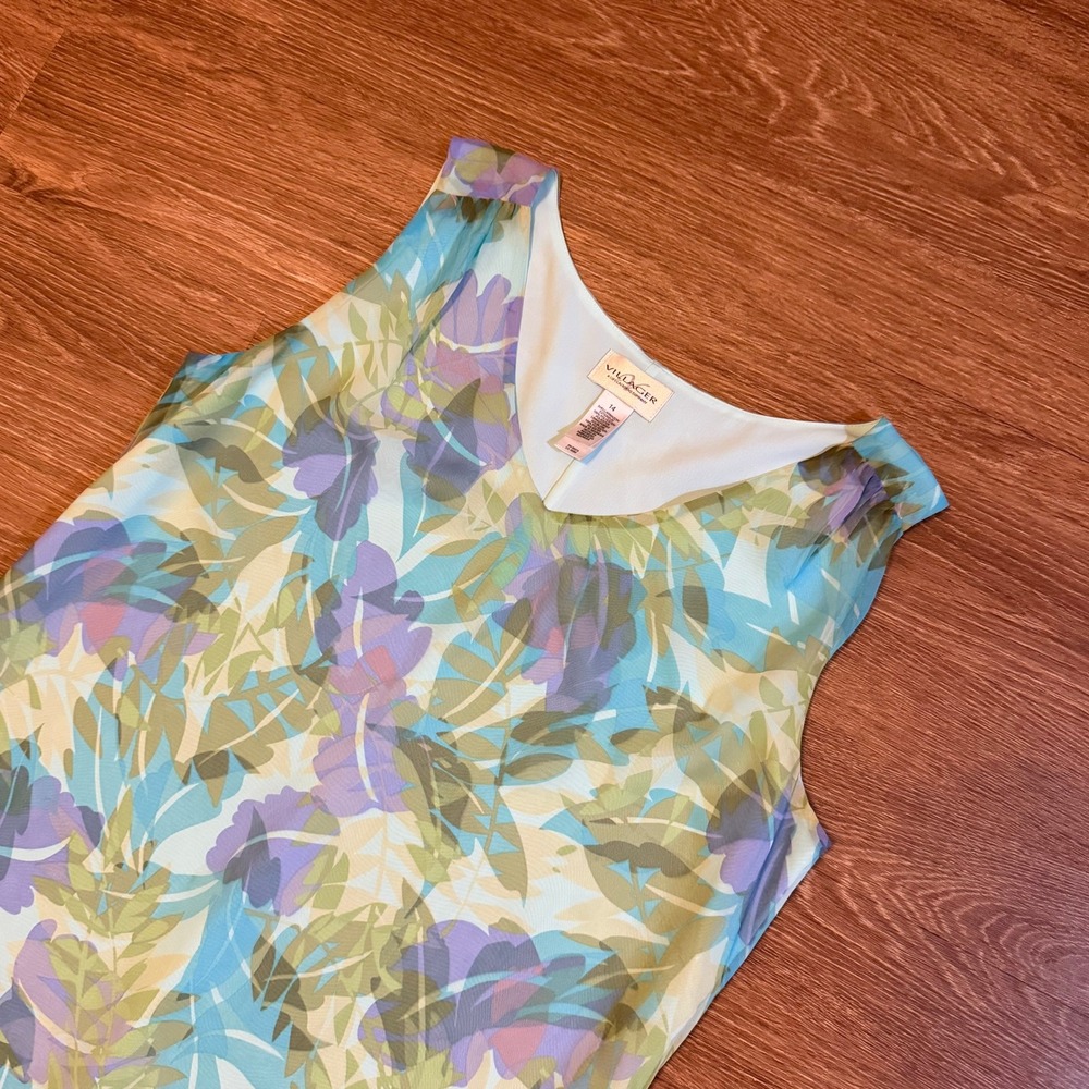 Villager Floral Maxi Dress Womens Size 14 Blue Green Sleeveless Chiffon Overlay